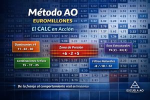 Análisis CALC del método AO en Euromillones mostrando franjas, presión, combinaciones y estructura del histórico