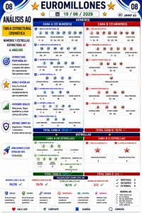 Infografía Jimmy AO de Euromillones correspondiente al sorteo del 19/06/2026 (8V). Comparativa estructural entre Cara A y Cara B mediante análisis cromático AO. La Cara A de números contiene 35 números organizados en núcleo estructural, corredor de expansión, soporte de consenso, sistema especial, microestructura selectiva, soporte lateral y fondo estructural. La Cara B contiene 15 números distribuidos en núcleo oculto, corredor silencioso, puente estructural, anomalía estructural, soporte profundo y corredor de cierre. En estrellas, la Cara A reúne 10 estrellas organizadas en núcleo estelar, corredor de expansión, cobertura secundaria y anomalía estructural, mientras que la Cara B contiene 2 estrellas clasificadas como núcleo silencioso y estrella frontera. Validación AO completa sin repetidos, faltantes ni externos. Jimmy AO · Análisis estructural cromático de Euromillones.